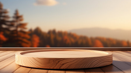 A simple minimalist background with space for copy space, a wooden composition with a round stand for the presentation of goods and services. Generated by AI.の素材