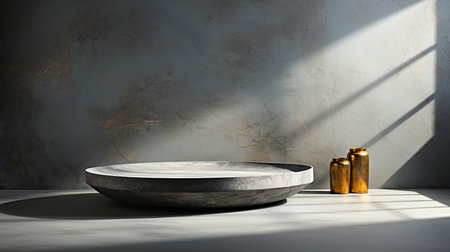 A simple minimalist background with space for copy space, a composition with a gray plaster wall with a minimum of furniture for the presentation of goods and services. Generated by AI.の素材