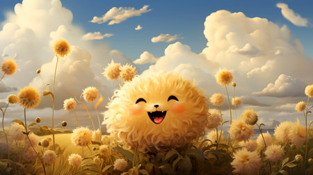 Conceptual fairy tale cartoon illustration of happy playful childhood, smiling yellow flower. Generated by AI.の素材