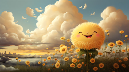 Conceptual fairy tale cartoon illustration of happy playful childhood, smiling yellow flower. Generated by AI.の素材