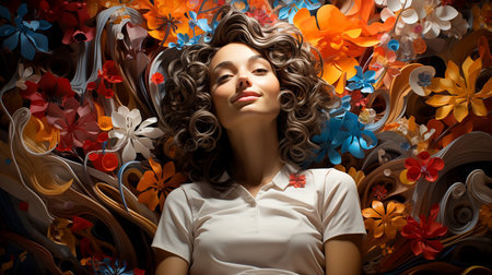 Happiness is always here and now, an illustration of human happiness. Beautiful girl smiling. Generated by AI.の素材