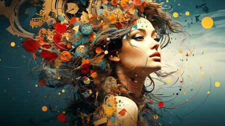 Abstract illustration of the short-term nature of human life and quickly fading girlish beauty, psychedelic collage. AI generated.の素材