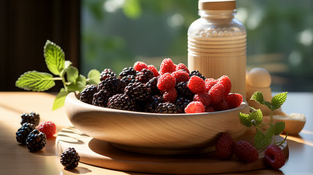 Berry composition on the table next to fortified biologically active food supplements close-up, advertising banner, illustration of vitamins and a healthy lifestyle. AI generated.の素材