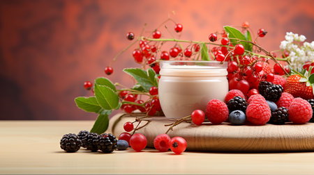 Berry composition on the table next to fortified biologically active food supplements close-up, advertising banner, illustration of vitamins and a healthy lifestyle. AI generated.の素材