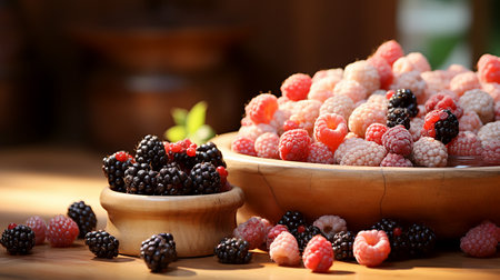 Berry composition on the table next to fortified biologically active food supplements close-up, advertising banner, illustration of vitamins and a healthy lifestyle. AI generated.の素材