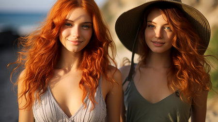 Two happy young beautiful red-haired women against the background of sea water on the beach on vacation at the resort. AI generated.の素材