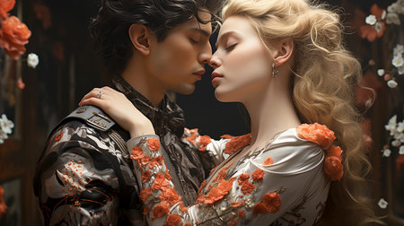A tender kiss of a sensual couple of a girl and a boy in beautiful makeup and a festive fantasy outfit. AI generated.の素材