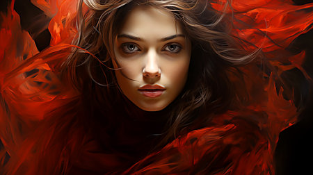Portrait of a non-existent fantasy beauty young girl in a red cape, looking at the camera. AI generated.の素材