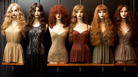 Set of modern women's youth wigs worn on mannequins in a store, illustration of fashion trends in appearance. AI generated.の素材