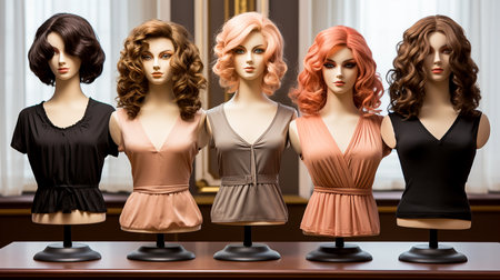Set of modern women's youth wigs worn on mannequins in a store, illustration of fashion trends in appearance. AI generated.の素材