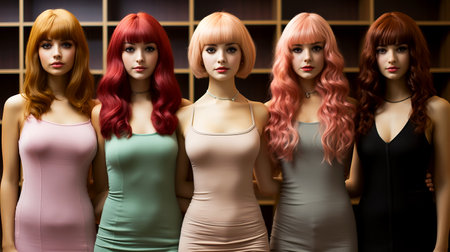 Set of modern women's youth wigs worn on mannequins in a store, illustration of fashion trends in appearance. AI generated.の素材
