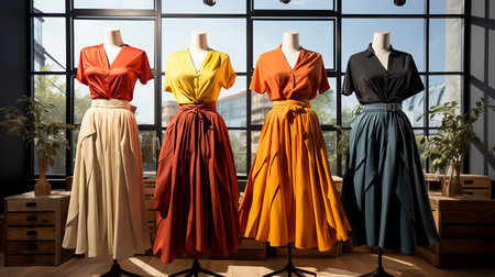 A set of modern women's youth summer defiant avant-garde clothing worn on mannequins in a store, illustration of fashion trends. AI generated.の素材