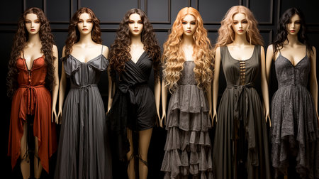 Set of modern women's youth wigs worn on mannequins in a store, illustration of fashion trends in appearance. AI generated.の素材