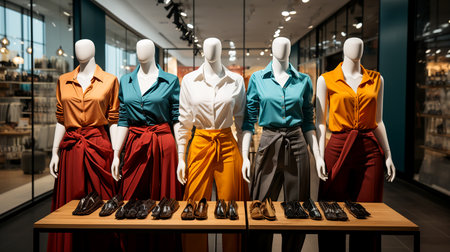 A set of modern women's youth summer defiant avant-garde clothing worn on mannequins in a store, illustration of fashion trends. AI generated.の素材