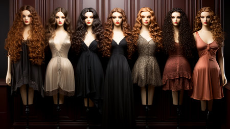 Set of modern women's youth wigs worn on mannequins in a store, illustration of fashion trends in appearance. AI generated.の素材