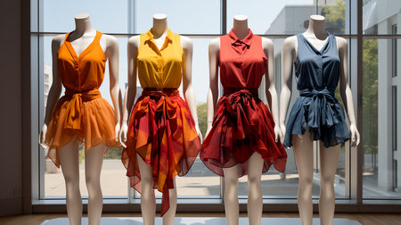 A set of modern women's youth summer defiant avant-garde clothing worn on mannequins in a store, illustration of fashion trends. AI generated.の素材