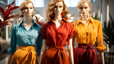 A set of modern women's youth summer defiant avant-garde clothing worn on mannequins in a store, illustration of fashion trends. AI generated.の素材