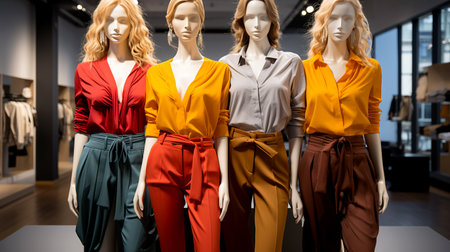 A set of modern women's youth summer defiant avant-garde clothing worn on mannequins in a store, illustration of fashion trends. AI generated.の素材