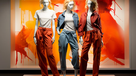 A set of modern women's youth summer defiant avant-garde clothing worn on mannequins in a store, illustration of fashion trends. AI generated.の素材