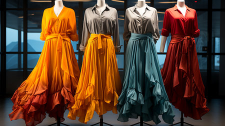 A set of modern women's youth summer defiant avant-garde clothing worn on mannequins in a store, illustration of fashion trends. AI generated.の素材