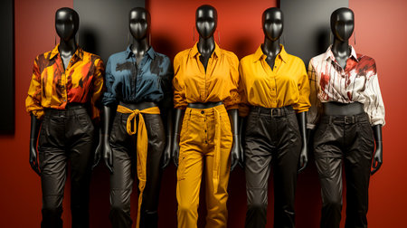 A set of modern women's youth summer defiant avant-garde clothing worn on mannequins in a store, illustration of fashion trends. AI generated.の素材