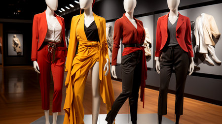 A set of modern women's youth summer defiant avant-garde clothing worn on mannequins in a store, illustration of fashion trends. AI generated.の素材