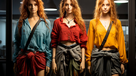 A set of modern women's youth summer defiant avant-garde clothing worn on mannequins in a store, illustration of fashion trends. AI generated.の素材