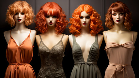 Set of modern women's youth wigs worn on mannequins in a store, illustration of fashion trends in appearance. AI generated.の素材