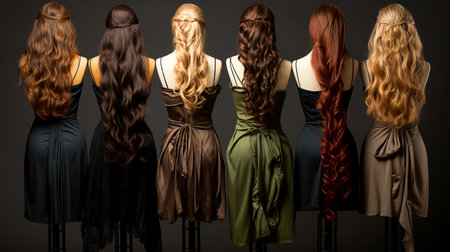 Set of modern women's youth wigs worn on mannequins in a store, illustration of fashion trends in appearance. AI generated.の素材