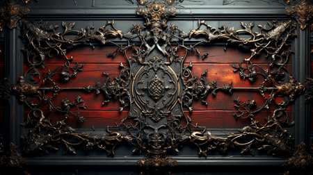 Fragment of the wall of an ancient fantasy castle with elements of artistic decor from wrought iron, background for presentation, banner of artistic forging. AI generated.の素材
