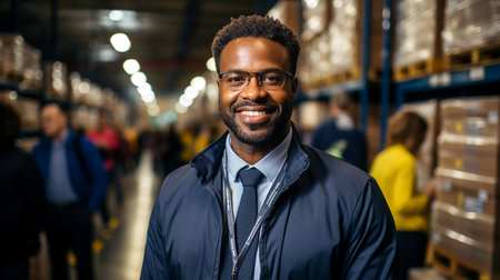 Young confident competent manager of a logistics company in a warehouse of goods ready to be shipped, close-up, illustration, non-existent character. AI generated.の素材