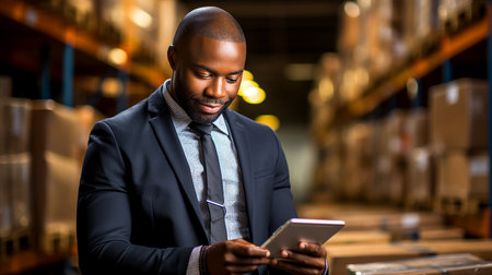 Young confident competent manager of a logistics company in a warehouse of goods ready to be shipped, close-up, illustration, non-existent character. AI generated.の素材