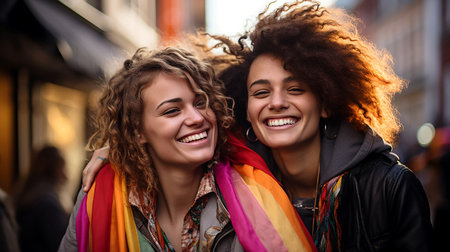 Two young cute women girlfriends at a love parade in the city on the street, close-up, illustration, non-existent characters. AI generated.の素材