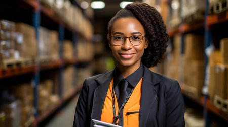 Young confident competent manager of a logistics company in a warehouse of goods ready to be shipped, close-up, illustration, non-existent character. AI generated.の素材