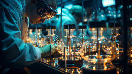 Scientific biological laboratory for the study of biological materials and viruses, close-up, illustration, non-existent character. AI generated.の素材