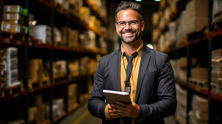 Young confident competent manager of a logistics company in a warehouse of goods ready to be shipped, close-up, illustration, non-existent character. AI generated.の素材