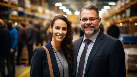 Logistics company executives in a warehouse of goods ready for shipment, close-up, illustration, non-existent character. AI generated.の素材