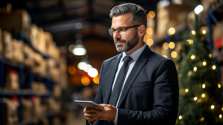 Young confident competent manager of a logistics company in a warehouse of goods ready to be shipped, close-up, illustration, non-existent character. AI generated.の素材