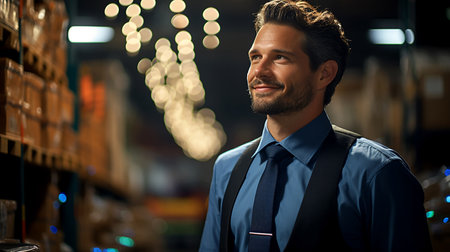 Young confident competent manager of a logistics company in a warehouse of goods ready to be shipped, close-up, illustration, non-existent character. AI generated.の素材