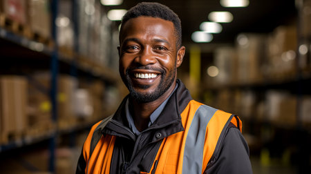 Young confident competent manager of a logistics company in a warehouse of goods ready to be shipped, close-up, illustration, non-existent character. AI generated.の素材