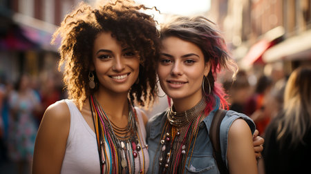 Two young cute women girlfriends at a love parade in the city on the street, close-up, illustration, non-existent characters. AI generated.の素材