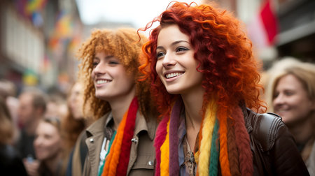 Two young cute women girlfriends at a love parade in the city on the street, close-up, illustration, non-existent characters. AI generated.の素材