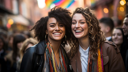 Two young cute women girlfriends at a love parade in the city on the street, close-up, illustration, non-existent characters. AI generated.の素材