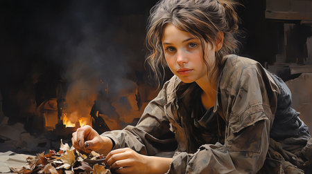 A girl, a refugee, was left homeless and without a livelihood against the backdrop of a city destroyed as a result of the war, close-up. AI generated.の素材