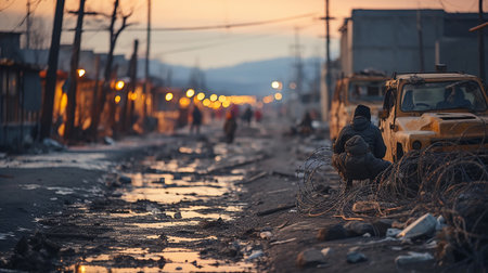 Refugees who were left without shelter and livelihood against the background of a city destroyed as a result of the war, and barbed wire. AI generated.の素材