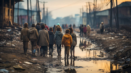 Refugees who were left without shelter and livelihood against the background of a city destroyed as a result of the war, and barbed wire. AI generated.の素材