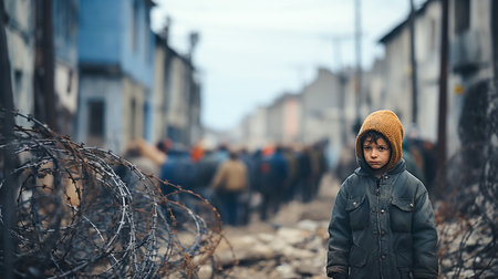 Refugees who were left without shelter and livelihood against the background of a city destroyed as a result of the war, and barbed wire. AI generated.の素材