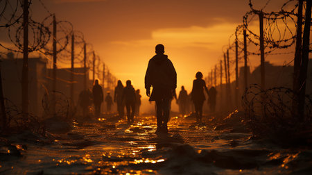 Refugees who were left without shelter and livelihood against the background of a city destroyed as a result of the war, and barbed wire. AI generated.の素材