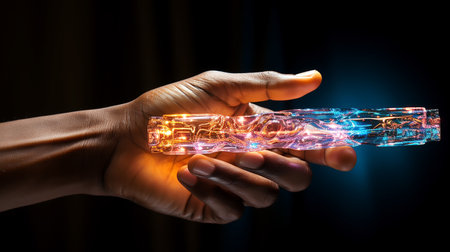 A fantasy futuristic image of a digital electronic device, an illustration of modern scientific development, created using AI.の素材