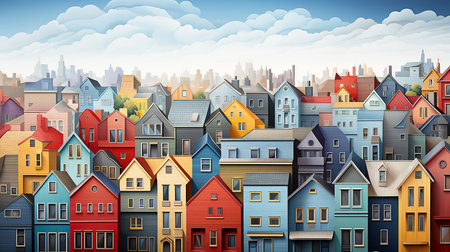 Colorful illustration in vector style of multi-colored houses of a small European city, tourism banner, mortgage. Created with AI.の素材